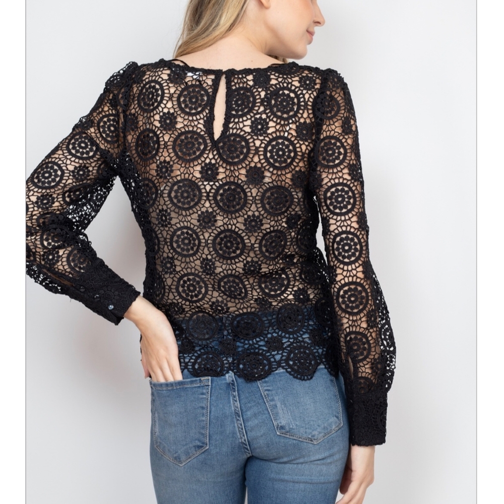 CALISTA Black Embroidered Crochet Long Sleeves Top - Picture 4 of 9